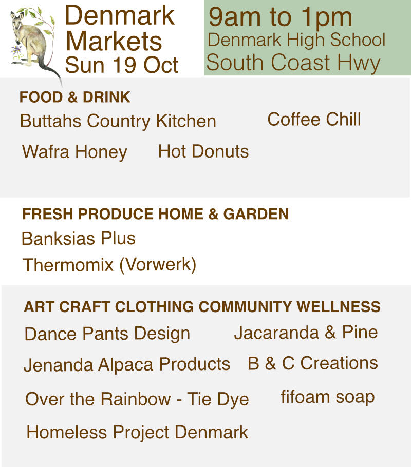 Market Stalls for 28 September List of stalls attending the Denmark Market