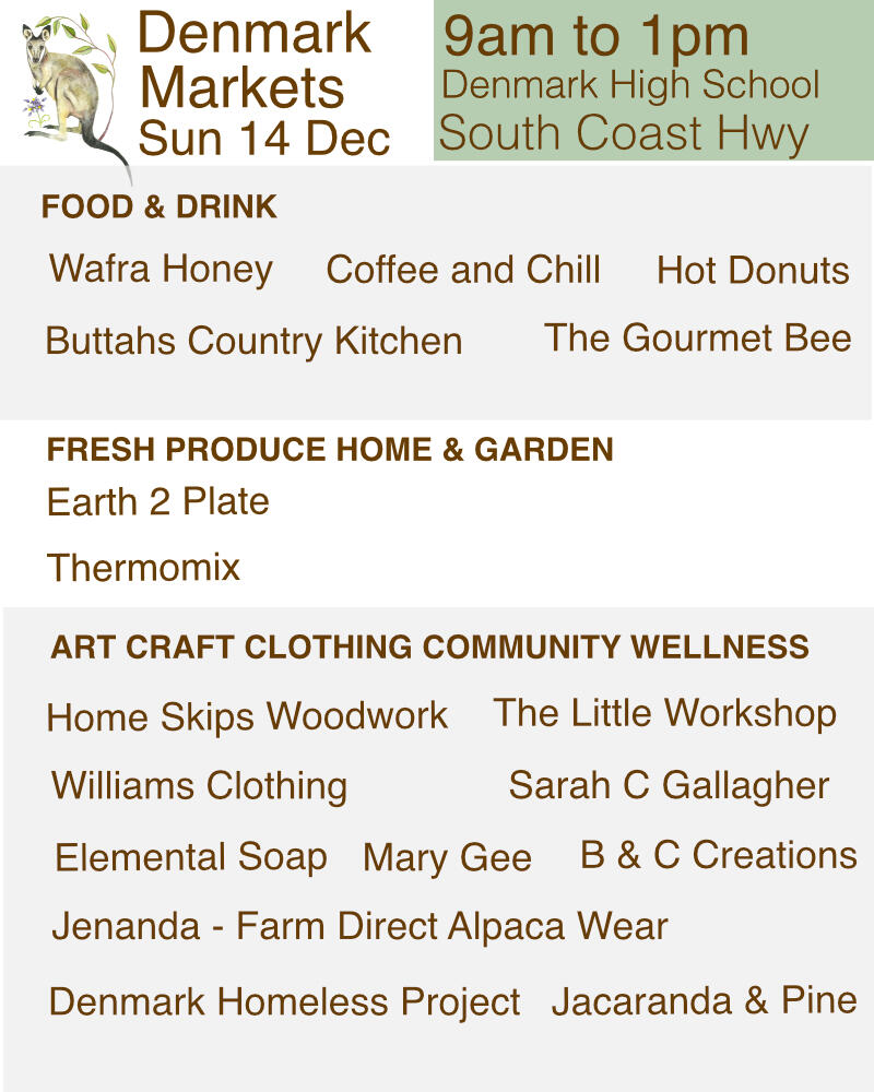 Market Stalls for 7 December List of stalls attending the Denmark Market